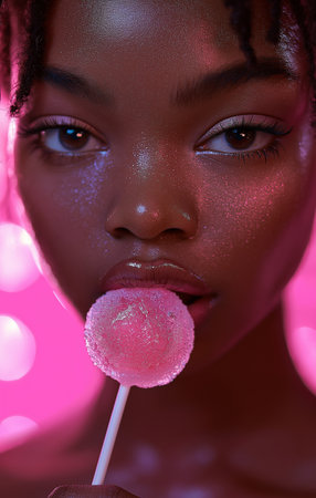 Beautiful african american woman with lollipop on pink backgroundの素材