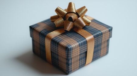 Gift box with gold bow on white background. Holiday present.の素材