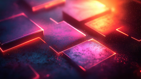 3d render, abstract background with glowing neon squares in black and redの素材