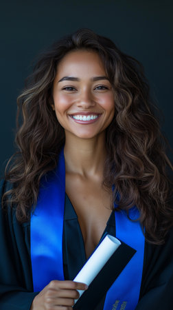 Portrait of a smiling young woman holding a diploma, isolated on black backgroundの素材
