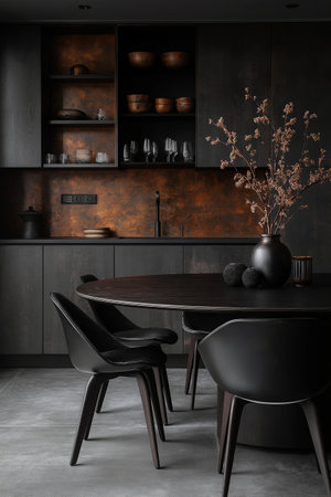 Interior of modern dining room with dark wooden furniture and black tableの素材