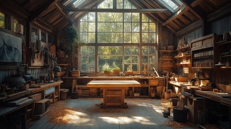 Interior view of an old wooden workshop with furniture and tools.の素材