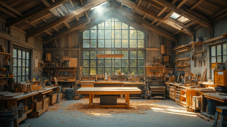 3D render of a woodworking workshop with lots of tools.の素材