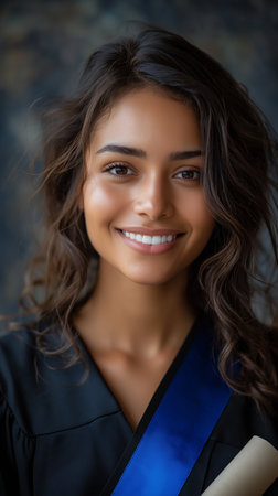 Portrait of a beautiful young woman wearing graduation gown and smiling at the cameraの素材