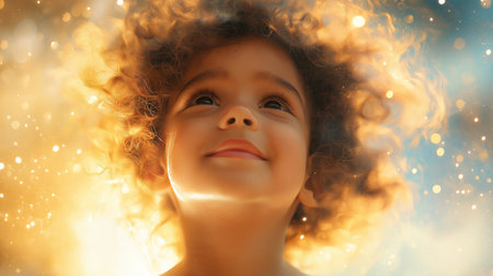 Portrait of a beautiful little girl with curly hair. The concept of children's happiness.の素材