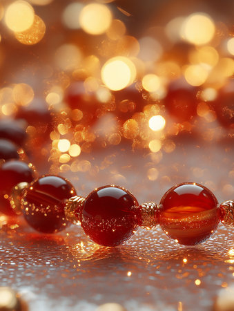 christmas decoration - red beads on bokeh background, close upの素材