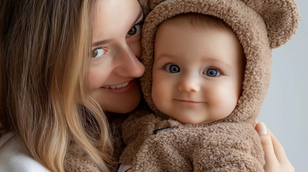 Portrait of a happy mother with her little daughter in a soft brown coatの素材