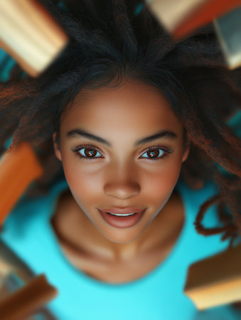 Beautiful african american woman with curly hair. Top view.の素材
