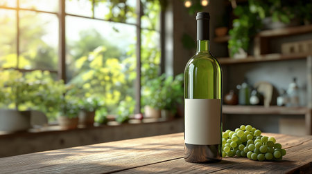 Bottle of wine with blank label on wooden table in kitchen, closeupの素材