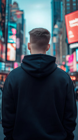 Man in New York City, wearing a black hoodie, standing in Times Square.の素材