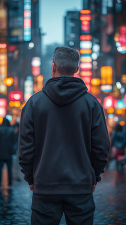 A man in a black hoodie is standing in the middle of the street and looking at the night city.の素材