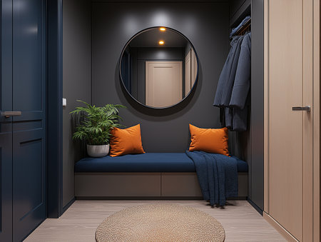 Interior of modern living room with black walls, wooden floor, dark gray sofa with orange cushions and round mirror. 3d renderingの素材