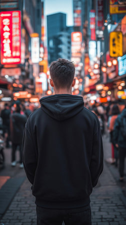 A young man in Times Square in New York Cityの素材