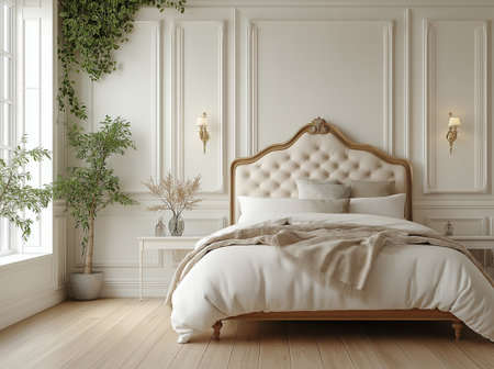 Classic bedroom interior with white walls, wooden floor, comfortable king size bed with white linens and plant. 3d renderの素材