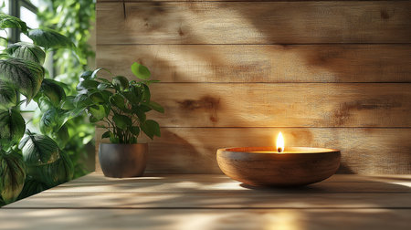 Burning candle and houseplant on wooden table. 3d renderingの素材