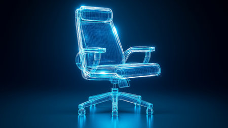 3d rendering of a blue neon office chair isolated on black backgroundの素材