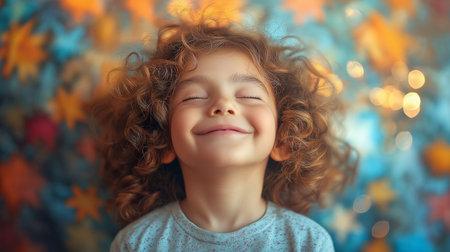 Portrait of a little girl with curly hair on a background of autumn leavesの素材