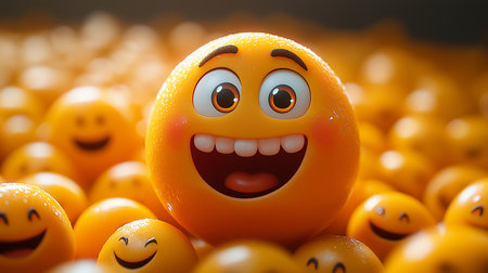 Funny orange smiley face on a background of yellow smilies.の素材