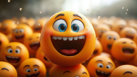Funny emoticon face in the crowd. 3d illustration.の素材
