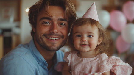 Cute little girl and her handsome young dad in birthday hats at homeの素材