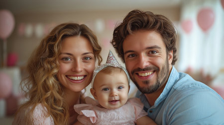 Portrait of happy young family with one year old daughter at birthday partyの素材