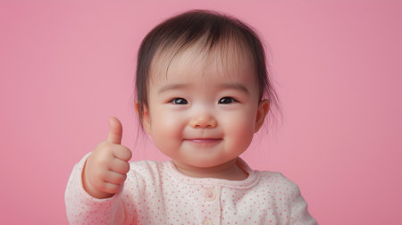 Portrait of a cute asian baby girl showing thumb up on pink backgroundの素材