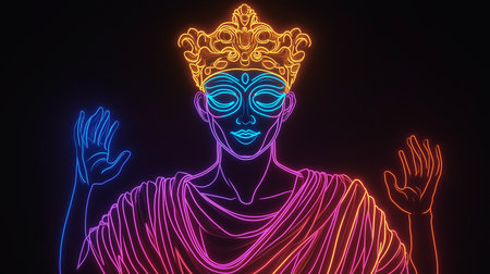 Neon portrait of a woman in a mask with a crown.の素材