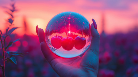 Glass ball with cherries on the background of a beautiful sunset.の素材