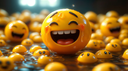 Funny yellow emoticon face in water. 3d illustration.の素材