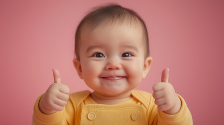 Cute asian baby smiling and showing thumbs up on pink backgroundの素材