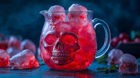 Cocktail with cranberries, ice cubes and skull on black backgroundの素材