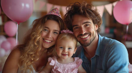 Happy family with one year old girl at birthday party in decorated roomの素材