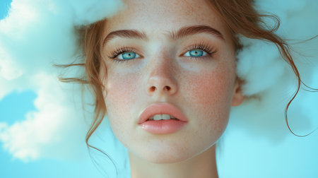 Portrait of a beautiful young woman with blue eyes and curly hairの素材