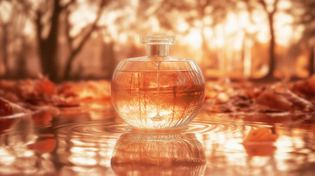 bottle of perfume on the background of the autumn forest and waterの素材