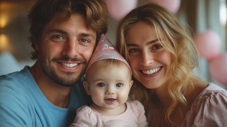 Portrait of happy family with little daughter in birthday cap at homeの素材