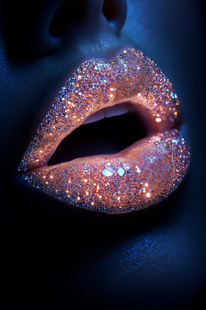 Close-up of beautiful female lips with glitter on her lips.の素材