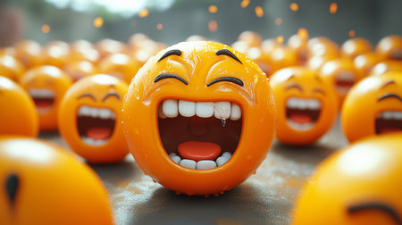 Funny orange emoticons with different facial expressions. 3d renderingの素材