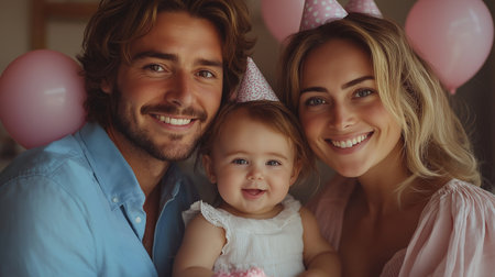 Portrait of happy family celebrating birthday together. Mother, father and daughter are looking at camera and smiling.の素材