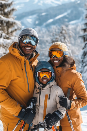 happy african american family with snowboarders in winter mountainsの素材