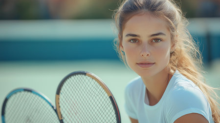 Portrait of a beautiful young woman with tennis racket on tennis courtの素材
