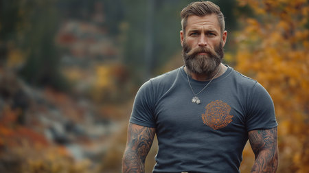 Handsome bearded man with tattooed arms in the forest.の素材