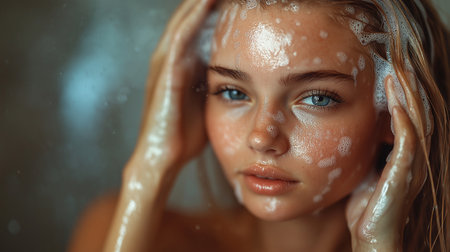 Portrait of beautiful young woman in shower with foam on face.の素材