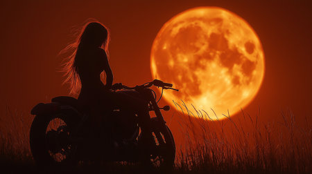Silhouette of a girl on a motorcycle on a background of the moonの素材