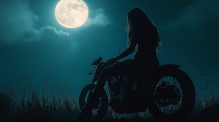 Silhouette of a girl with a motorcycle in the moonlightの素材