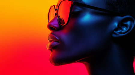 Close-up portrait of a beautiful african american woman wearing sunglasses. Beauty, fashion.の素材