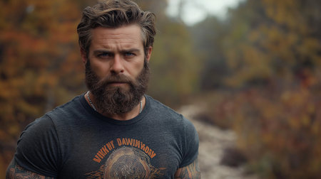 Handsome bearded man with tattooed arms looking at camera in autumn forestの素材