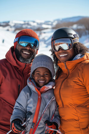 Portrait of happy African American family in winter clothing with snowboard equipmentの素材