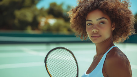 Portrait of a beautiful young african american woman playing tennisの素材