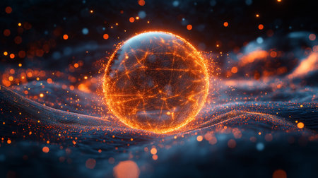 Abstract 3d rendering of global network connections. Futuristic background with glowing sphere.の素材