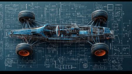 3D rendering of a racing car on a technical drawing background.の素材
